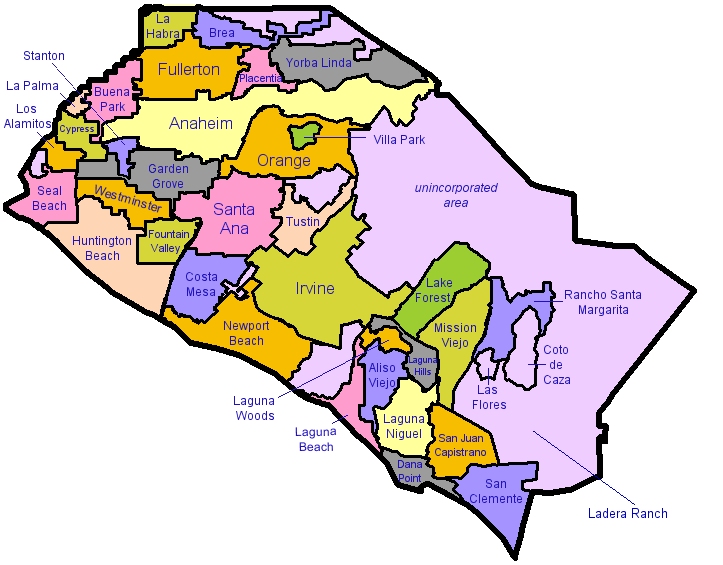 Map of Orange County, CA  City information, Unincorporated areas, school  districts, real estate information